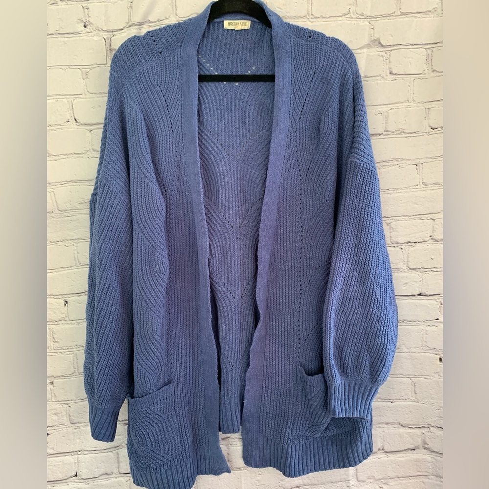 Open-Front Chunky Knit Cardigan Sweater in Dusty Blue
